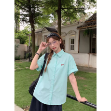 批发纯棉面料蝴蝶结刺绣衬衣Polo领<b class='q'>短袖</b>开衫外套女夏季纯色衬衫上衣