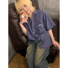批发外穿短袖衬衫女宽松百搭显瘦情侣衬衣蓝色格纹<b class='q'>男</b>友风格子上衣