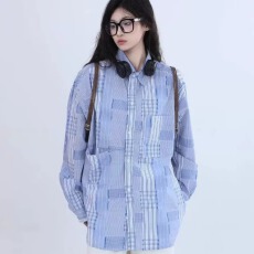 批发日系复古拼接蓝色<b class='q'>格子衬衫</b>外套女春夏新款宽松休闲别致防晒上衣潮