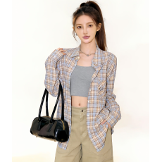 批发原版面料复古<b class='q'>格子衬衫</b>女夏季设计感小众宽松休闲长袖防晒上衣外套