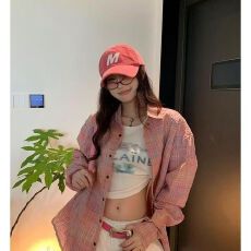 批发美式复古粉色格纹少女感<b class='q'>衬衫</b>外套女春秋<b class='q'>休闲</b>韩系chic港味上衣外套
