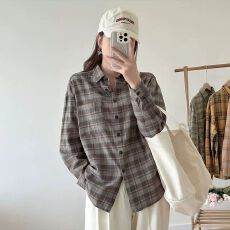 批发纯棉面料chic高级感磨毛格子衬衫<b class='q'>女</b>内搭宽松百搭中长款衬衣外穿