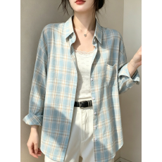 批发蓝色格子<b class='q'>衬衫</b>女2026早春外搭设计感小众时尚外穿<b class='q'>衬衣</b>夏季外套