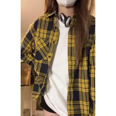 批发港风复古黄色格子<b class='q'>衬衫</b>女春秋新款宽松休闲高级感内搭叠穿<b class='q'>衬衣</b>外套