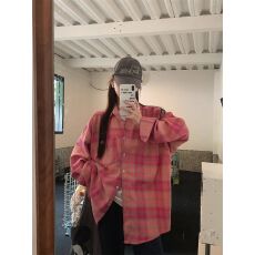 批发美式粉色格子<b class='q'>衬衫</b>女春秋新款宽松显瘦休闲气质<b class='q'>衬衣</b>上衣