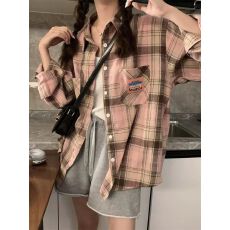批发粉色磨毛<b class='q'>衬衫</b>女高级感新款2026年秋季格子中长款宽松<b class='q'>长袖</b>上衣
