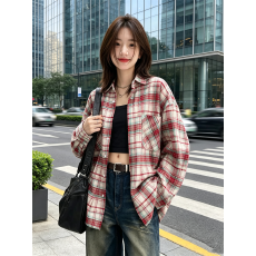 批发辣妹复古磨毛格纹长袖衬衫女春<b class='q'>秋</b>纯欲慵懒风宽松休闲格子衬衣上衣