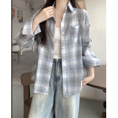 批发韩系chic纯棉格子衬衫女叠穿春<b class='q'>秋</b>款遮肉显瘦长袖衬衣外搭上衣ins