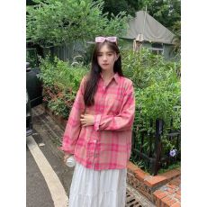 批发美式粉色格子<b class='q'>衬衫</b>女春秋新款宽松显瘦<b class='q'>休闲</b>气质<b class='q'>衬衣</b>上衣