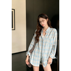 批发蓝色格子衬衫女2026早春<b class='q'>外</b>搭设计感小众时尚外穿衬衣夏季外套