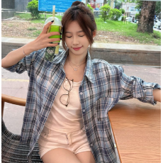 批发蓝色格子POLO领长袖<b class='q'>休闲</b><b class='q'>衬衫</b>女春季宽松显瘦<b class='q'>衬衣</b>百搭chic开衫上衣