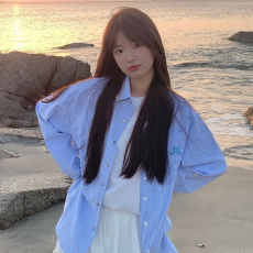 批发美式复古黄色条纹<b class='q'>衬衫</b>女2026新款小狗刺绣早秋外套宽松学院风上衣