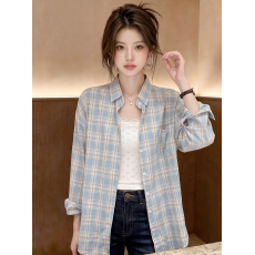 批发蓝色格子<b class='q'>衬衫</b>女2026早春外搭设计感小众时尚外穿<b class='q'>衬衣</b>夏季外套
