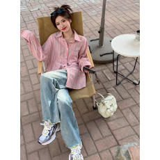 批发原版面料 新款条纹<b class='q'>长袖</b>防晒衬衫女秋季慵懒风开衫外套上衣