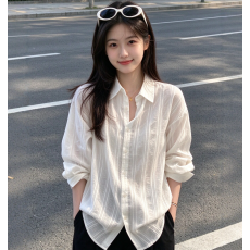批发春季通勤风白色提花长袖衬衫女宽松高级感<b class='q'>防晒</b>衬衣纯色上衣