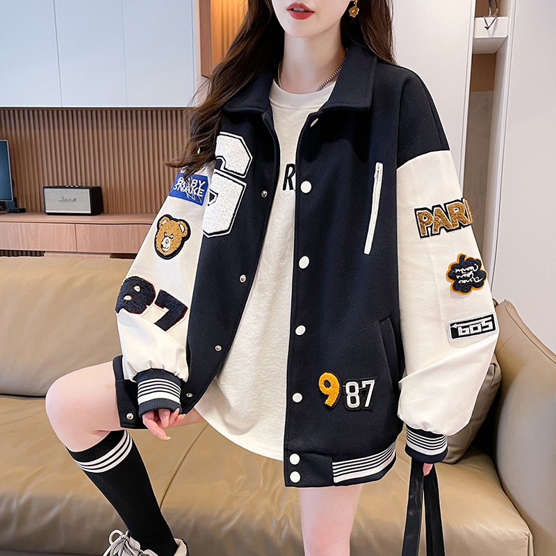 MY17286# 新款美式棒球服翻领外套女春秋休闲上衣初中学生大童卫衣女裝...