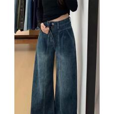 批发大码复古美式加绒牛仔裤女秋<b class='q'>冬</b>胖mm梨形身材高腰显瘦直筒阔腿裤子