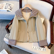 批发高级短款抽绳连帽风衣外套女新款<b class='q'>春秋</b>季小个子宽松休闲夹克上衣