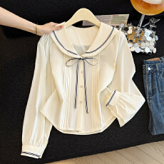 批发实拍～春季新款温柔减龄海军领蝴蝶结系带小众上衣