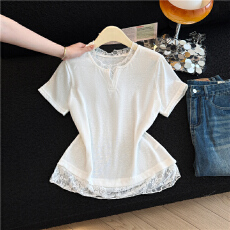 批发夏新款雷丝V领短袖女设计感显瘦减龄假两件上衣时尚洋气上衣