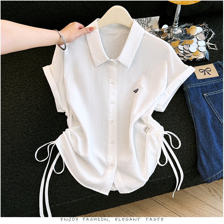 홍콩 느낌 달콤한 차가운 펌프 로프 디자인 센스 자수 POLO 칼라 반팔 여성 셔츠 여름 품격 불규칙 오픈 가디건 맨위