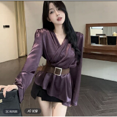 批发复古高级感缎面衬衫不规则气质上衣衬衫女秋冬季收腰显瘦气质上衣