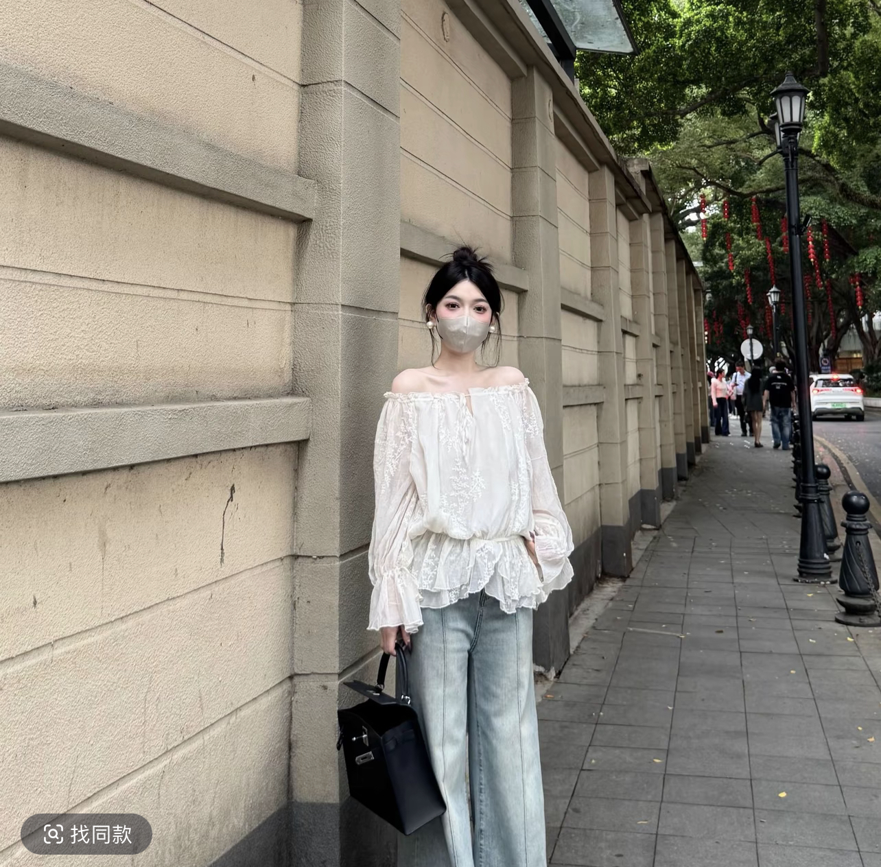대 조용한 추천 남자 제직 안개 새싹 새로운 오프숄더 셔츠 여성 긴 소매 자수 밑단 프릴 맨위
