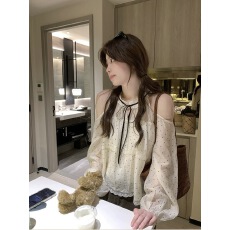 批发【早纪春奈】露肩蝴蝶结波点宽松衬衫上衣