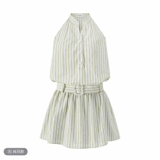 批发羊城故事-法式绿色条纹挂脖连衣裙撞色配短裤收腰短裙