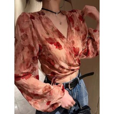 批发新款春夏法式轻熟风V领碎花绑带收腰显瘦百搭女上衣