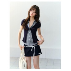 批发【3月23日新品】Soote Season 原创莱赛尔学院风撞色拼接格纹<b class='q'>衬衫</b>