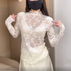 批发半高领<b class='q'>蕾丝</b>打底衫女春秋冬2025新款蝴蝶<b class='q'>钩花</b>镂空网纱内搭长袖<b class='q'>上衣</b>