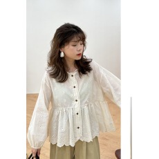 批发2025秋季<b class='q'>韩版</b>宽松蕾丝镂空娃娃衫日系学院圆领长袖刺绣衬衫上衣女