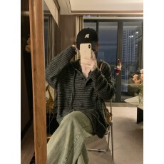 批发实拍~秋冬韩版宽松<b class='q'>大码</b><b class='q'>胖</b><b class='q'>mm</b><b class='q'>慵懒</b>休闲松弛风澳绒条纹连帽卫衣