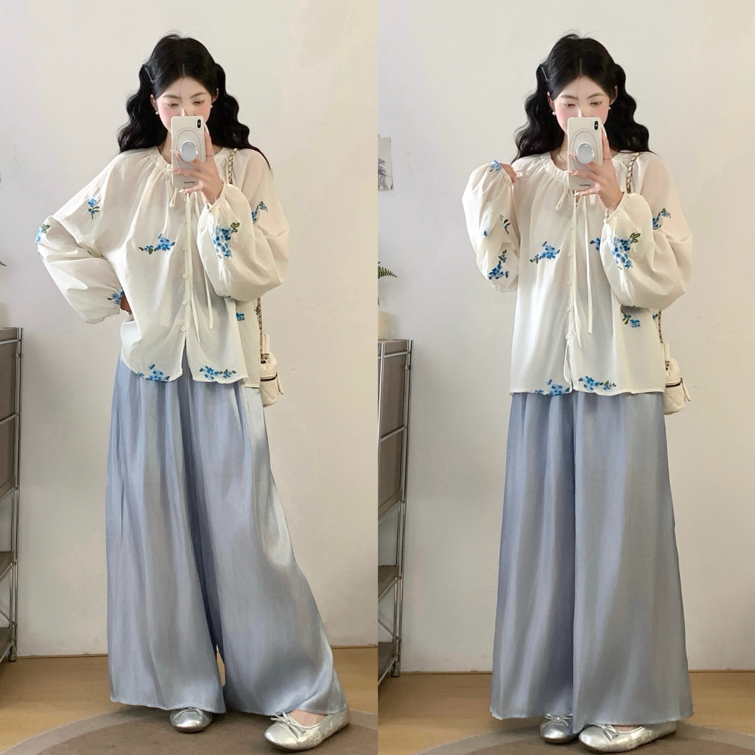 실사 빅 사이즈 통통한 여동생 고유 한 아름다운 아마 꽃무늬 셔츠 세트 여성 자이언트 잘 생긴 작은 셔츠 휴가 전체 집합