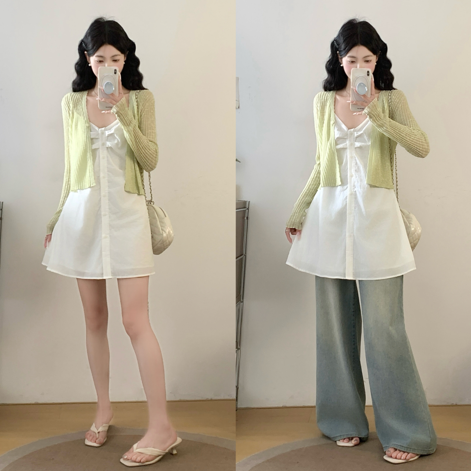 실사 지방 맞춤 빅 사이즈 화이트 허리 수축 다용도 중간 길이 슬립 가져 가라. 오픈 가디건 맨위 분위기 센스 착용 가져 가라.