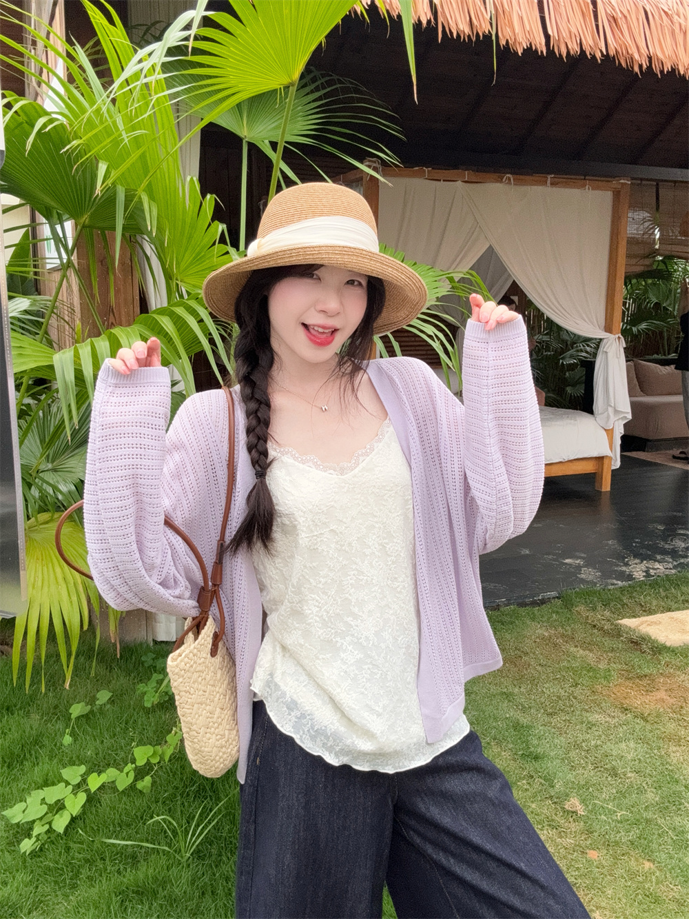 실사 빅 사이즈 어둠 곡물 자카드 레이스 V넥 캐미솔 ~을 통해 산소 아마 홀로우 아웃 심지어 어깨 소매 니트 오픈 가디건