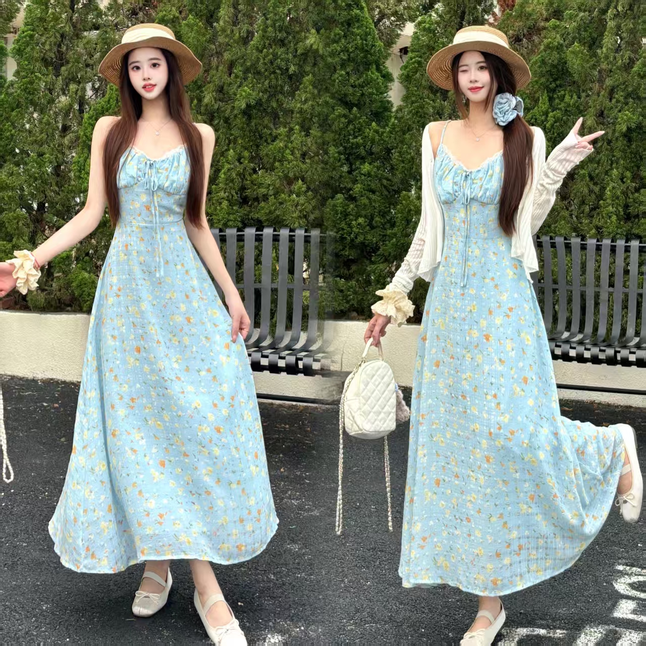 실사 부드러운 부서 레이스 레이스 쉬폰 꽃무늬 여성 드레스 마이크로 지방 빅 사이즈 허리 수축 치마 세트