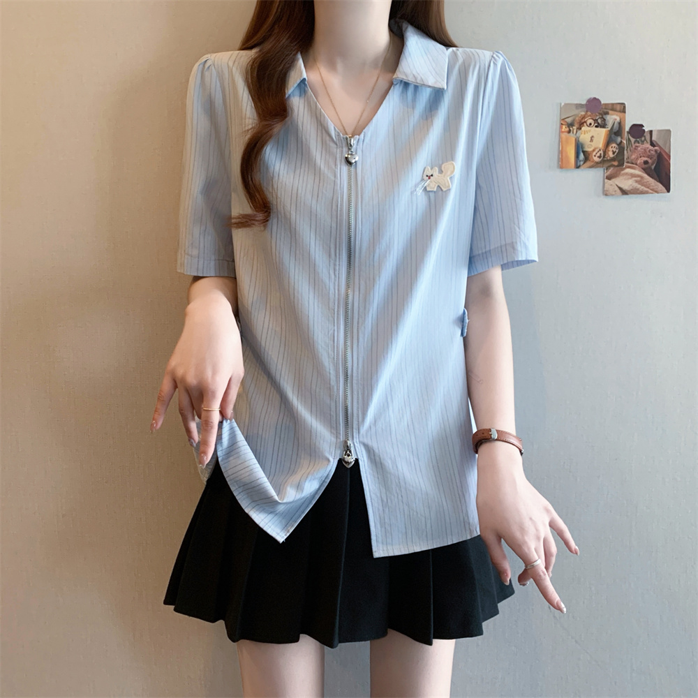 실사 빅 사이즈 파란색 V넥 반팔 셔츠 새로운 디자인 센스 더블 지퍼 오픈 가디건 허리 수축 셔츠 쇼트 스타일 맨위