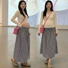 批发现孕妇<b class='q'>春</b>夏新款无托腹显瘦中长款蓝色格子半身裙