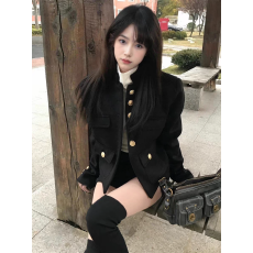 批发美式复古巨好看黑色小香风短外套女2025秋季新款休闲正肩夹克上衣