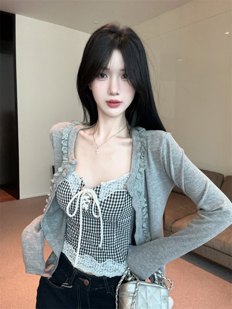 MY14232# 纯欲蕾丝绑带吊带背心+针织拼接花边外套上衣两件套女裝貨源...