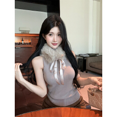 批发实拍 纯欲辣妹无袖针织上衣毛毛围脖背心内搭外穿可拆卸毛领