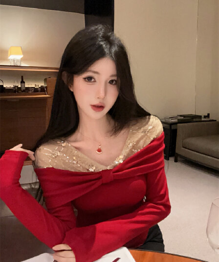 실사 순수한 욕망 패치워크 자이언트 아름다움 한 단어 오프숄더 명문 여성 바람 티셔츠 핫걸 착용 가져 가라. 슬림해 보이는 긴팔 맨위
