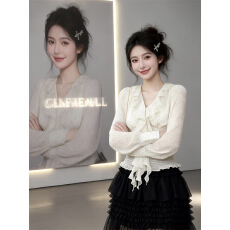 批发实拍 气质优雅波点<b class='q'>雪纺衫</b>春夏新款飘带V领收腰显瘦长袖上衣