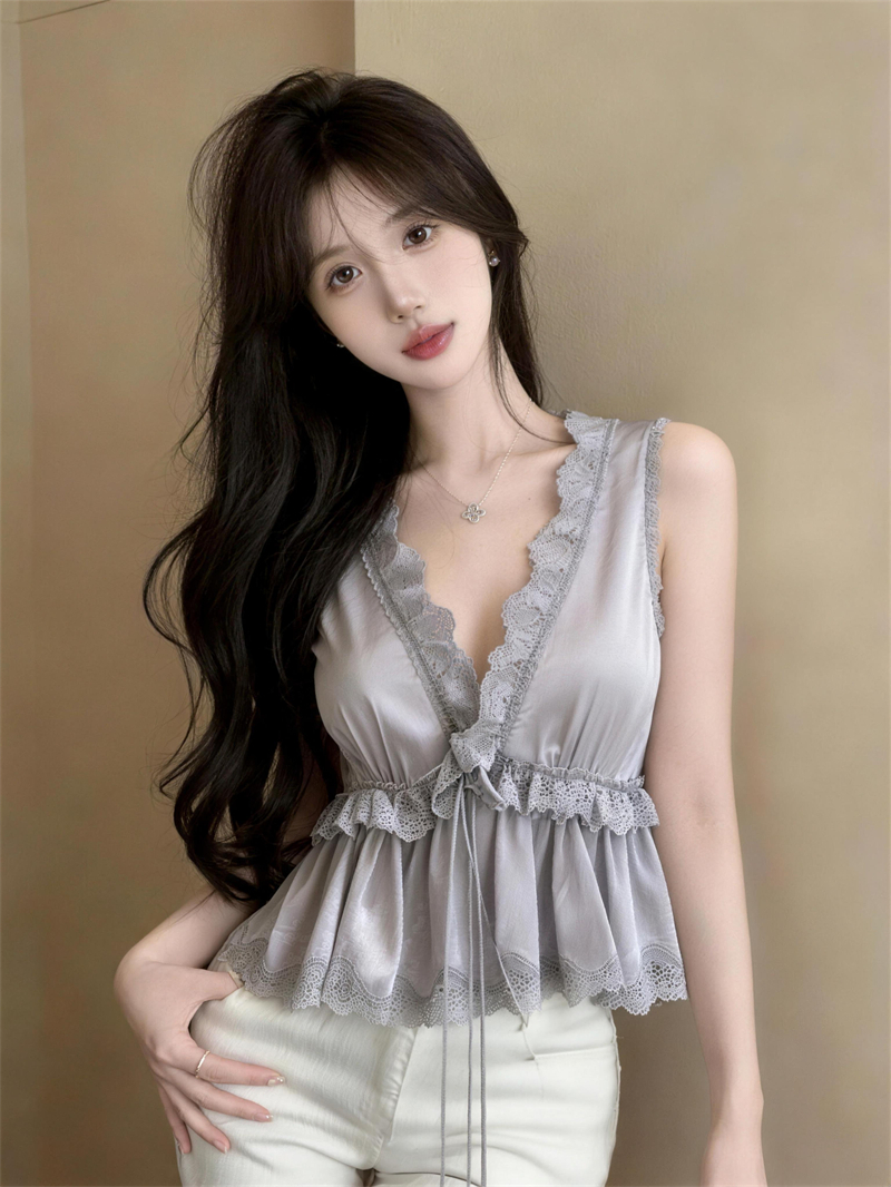 실사 새틴 레이스 레이스 레이스 V넥 캐미솔 치마 맨위