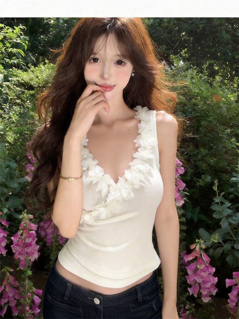 실사 순수한 욕망 달콤한 매운맛 디자인 센스 꽃 십자가 V넥 허리 수신 Pleat 캐미솔 맨위