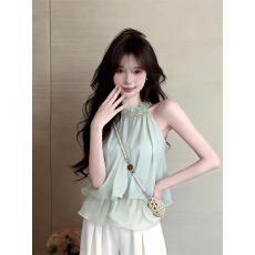 批发实拍 纯欲修身显瘦挂脖吊带背心设计感外穿辣妹露肩无袖上衣