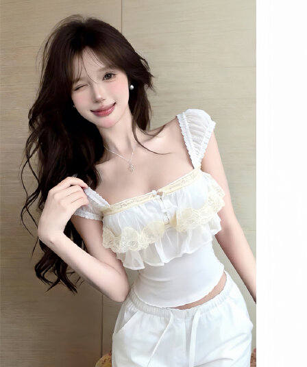 실사 핫걸 광장 칼라 패치워크 레이스 레이스 쇼트 스타일 맨위 티셔츠