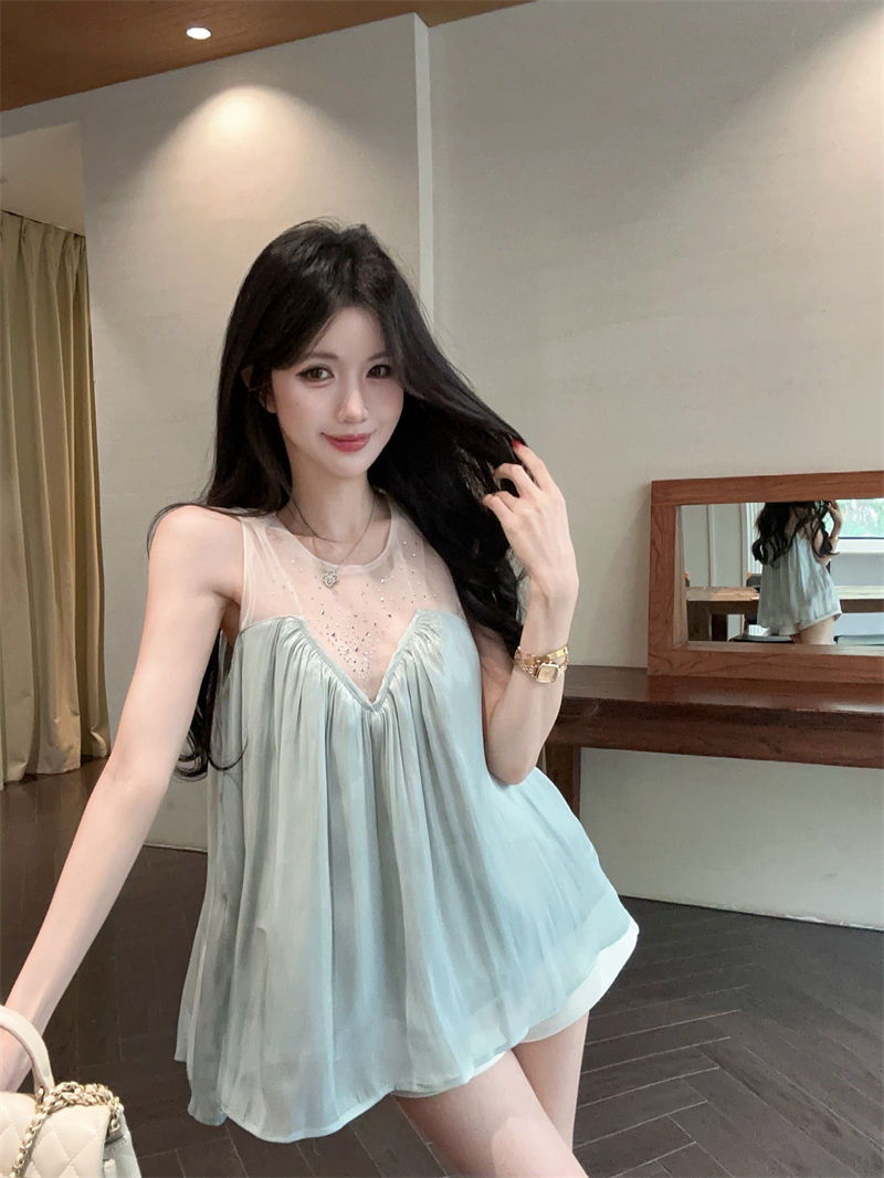 실사 프랑스식 빛 럭셔리 디자인 센스 핫픽스 망사 패치워크 맨위 주름 슬림해 보이는 표지 고기 조끼 A라인 스커트